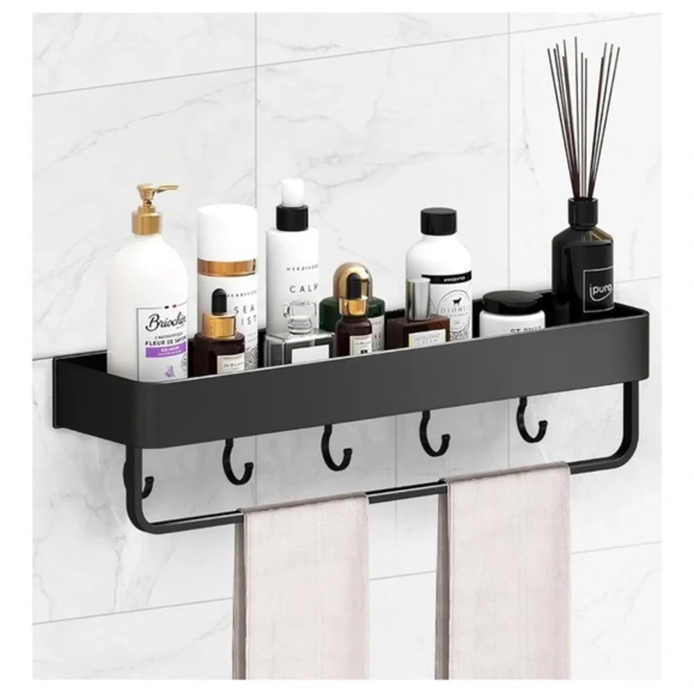 Black Wall-Mounted Bathroom Shelf with Hooks